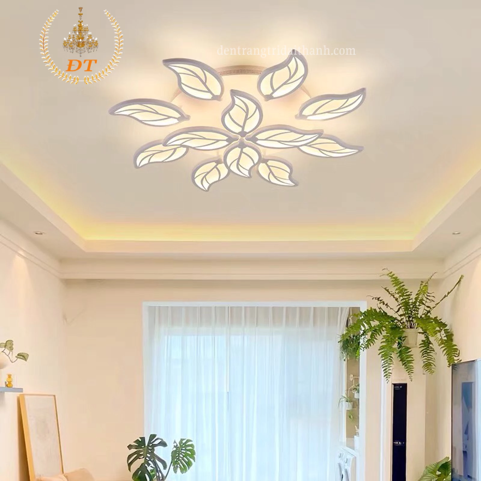 Đèn Led Ốp Trần Mica 2 Tầng 12 Tay Hình Lá Cây